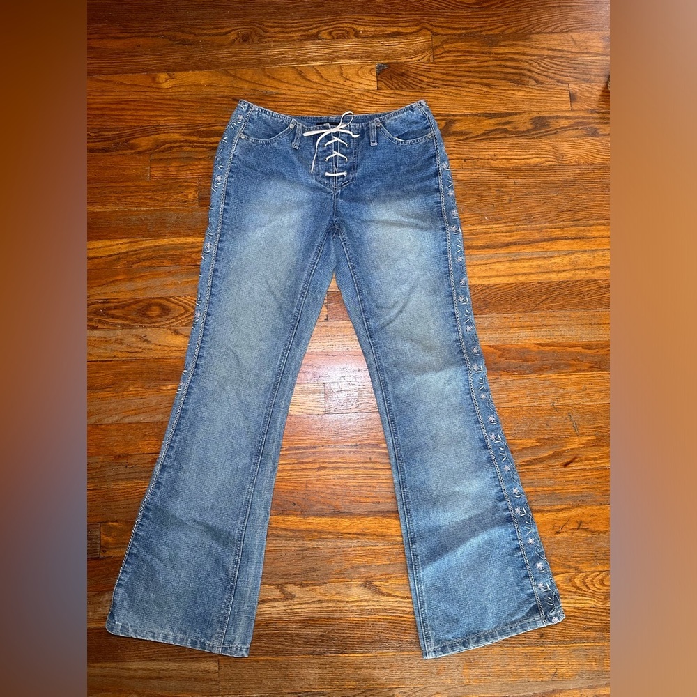 Y2K Lace Up Lowrise Jeans Embroidered